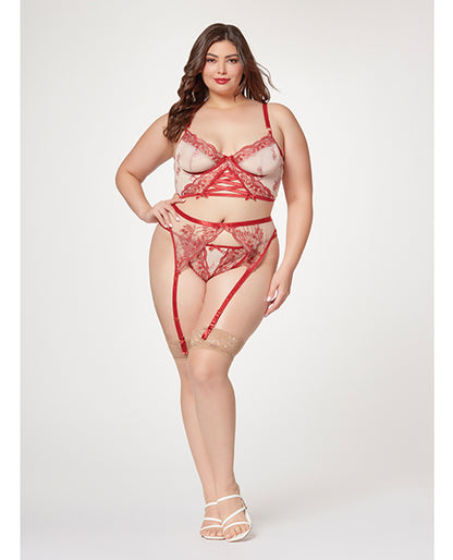 Sheer Stretch Mesh W/floral Contrast Embroidery Bustier, Garter Belt & Thong Red/nude by Seven 'til Midnight Costume