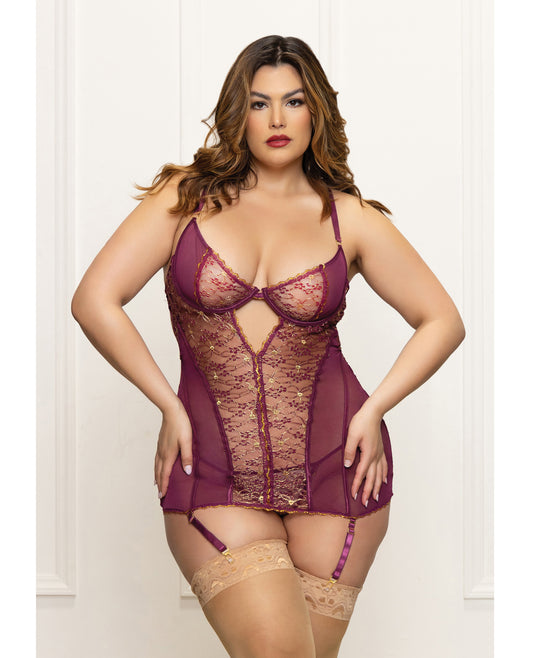 Metallic Lace with Mesh Gartered Chemise & Thong - Plum 1X/2X