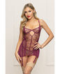 Metallic Lace with Mesh Gartered Chemise & Thong - Plum