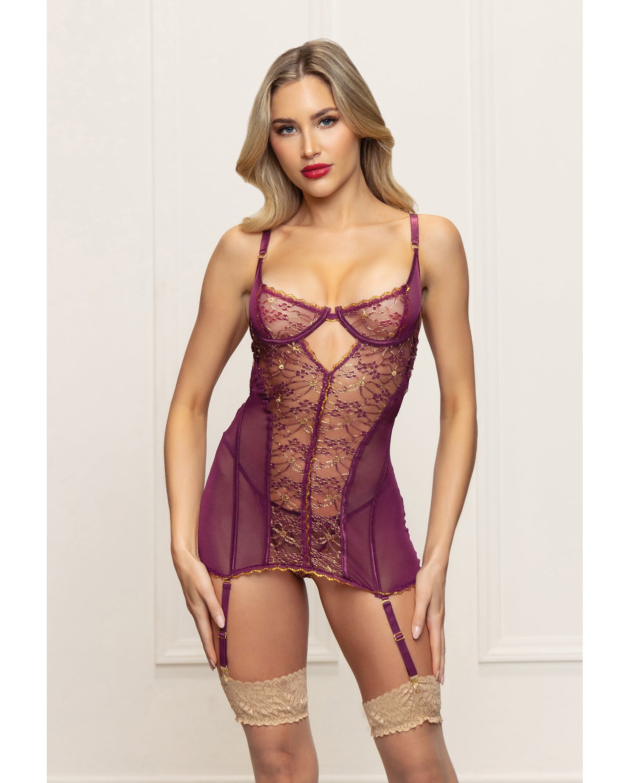 Metallic Lace with Mesh Gartered Chemise & Thong - Plum