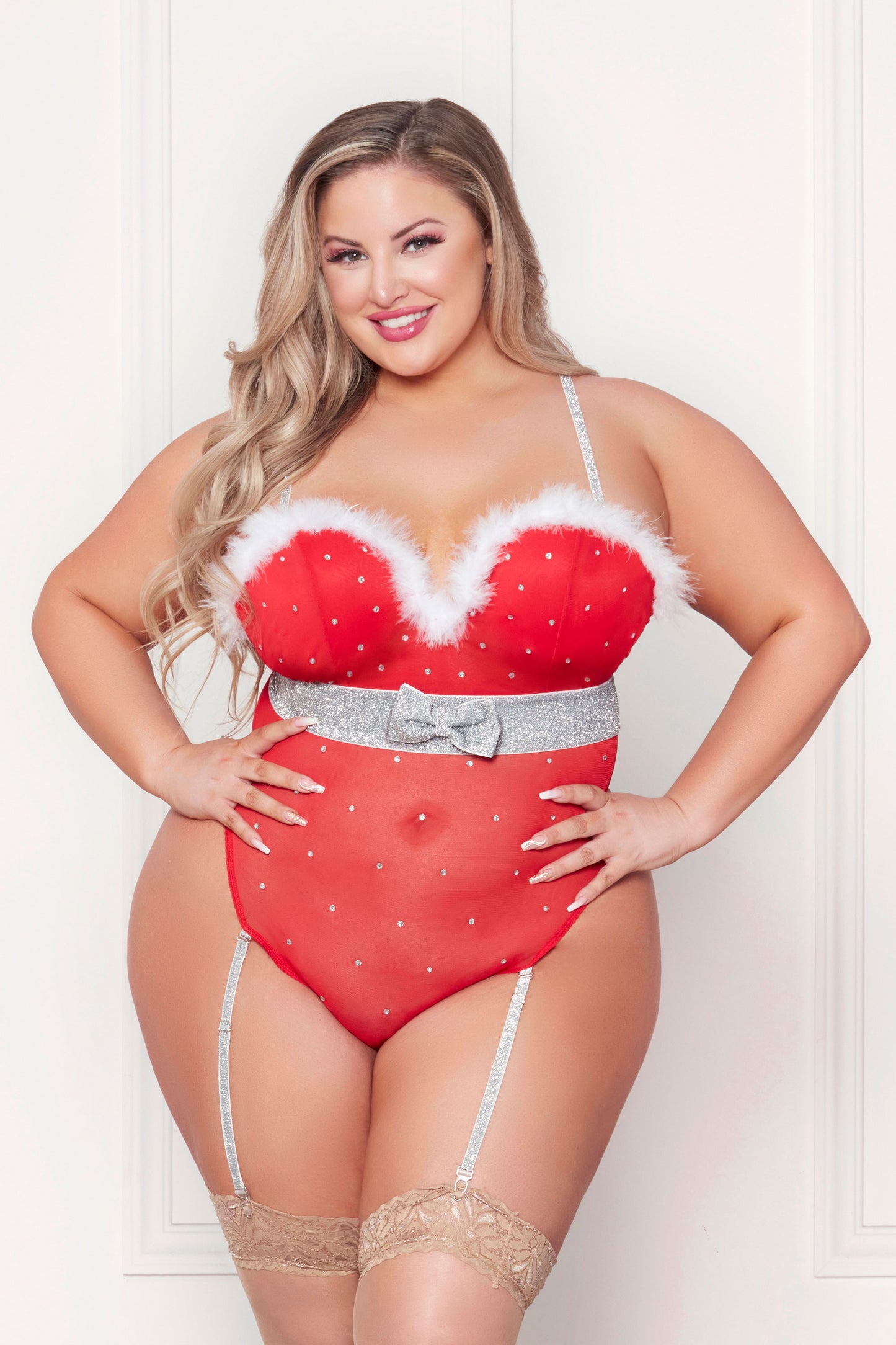 Holiday Rhinestone Studded Mesh Teddy With Marabou Trim - 3x/4x - Red by Seven 'til Midnight Costume