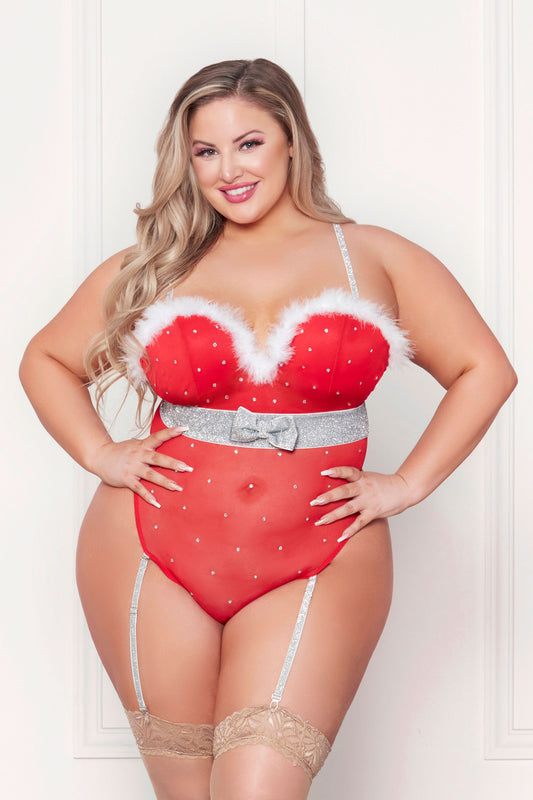 Holiday Rhinestone Studded Mesh Teddy With Marabou Trim - 3x/4x - Red by Seven 'til Midnight Costume