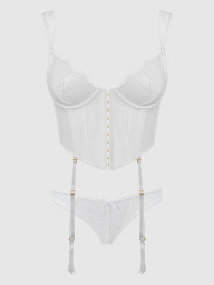 BRIDAL SATIN & LACE BUSTIER & BACKLESS HIPSTER SET