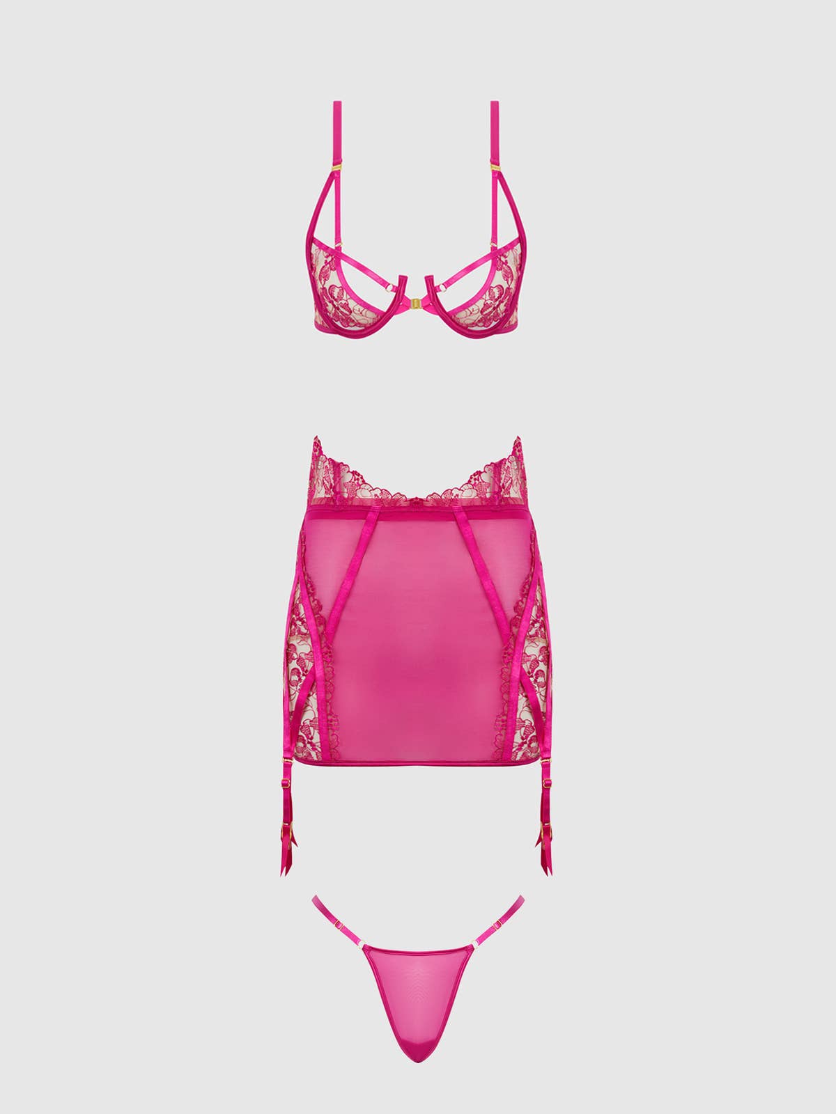 NOVA BLACKLIGHT LACE BRA, SKIRT & G-STRING SET