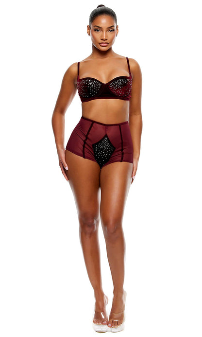 Caught Your Eye Velvet Rhinestone Bra and Briefs Lingerie Set - Wine
