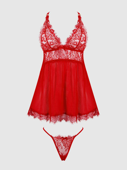 MILA EYELASH LACE & MESH BABYDOLL & G-STRING SET by House of Desire