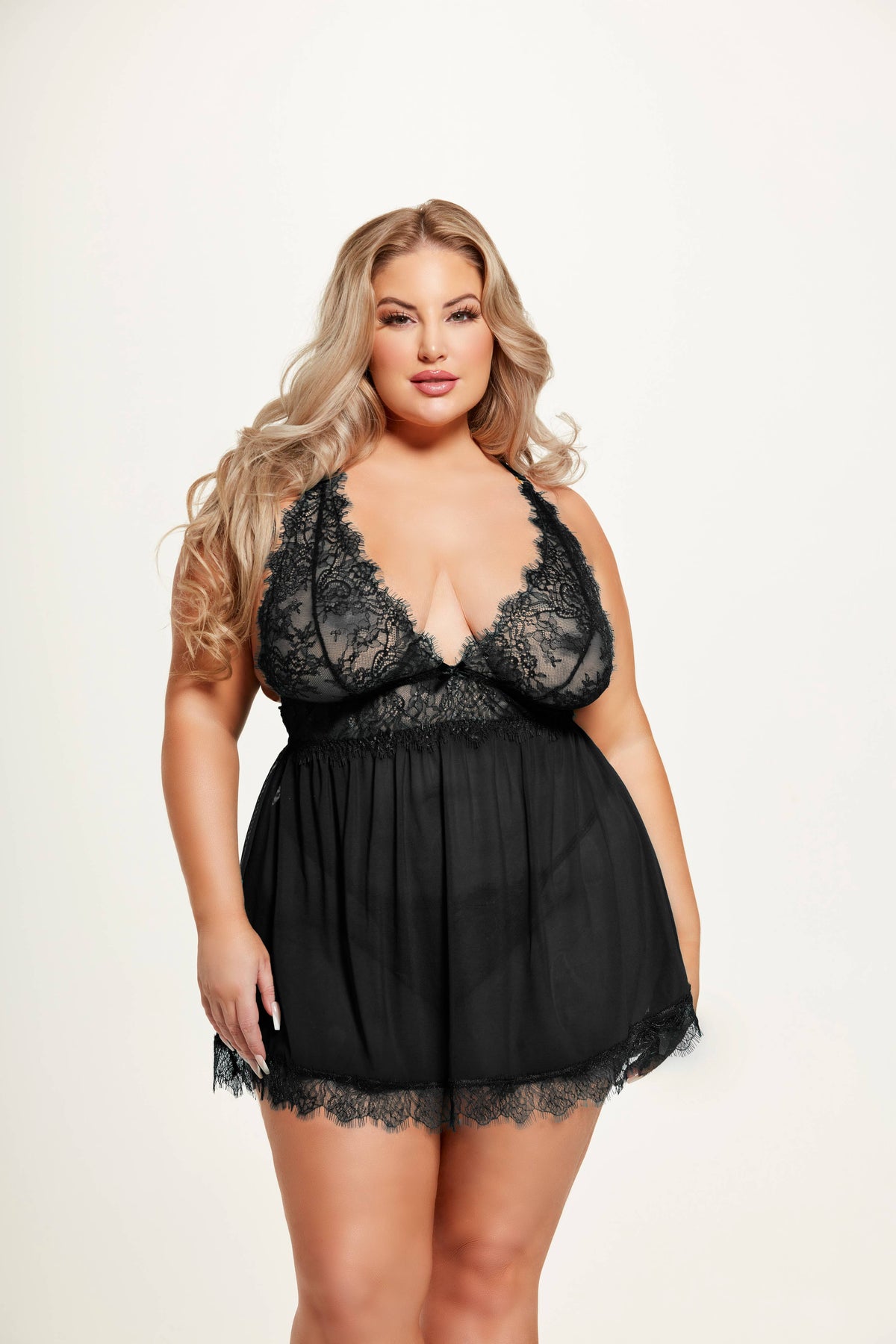 MILA EYELASH LACE & MESH BABYDOLL & G-STRING SET by House of Desire