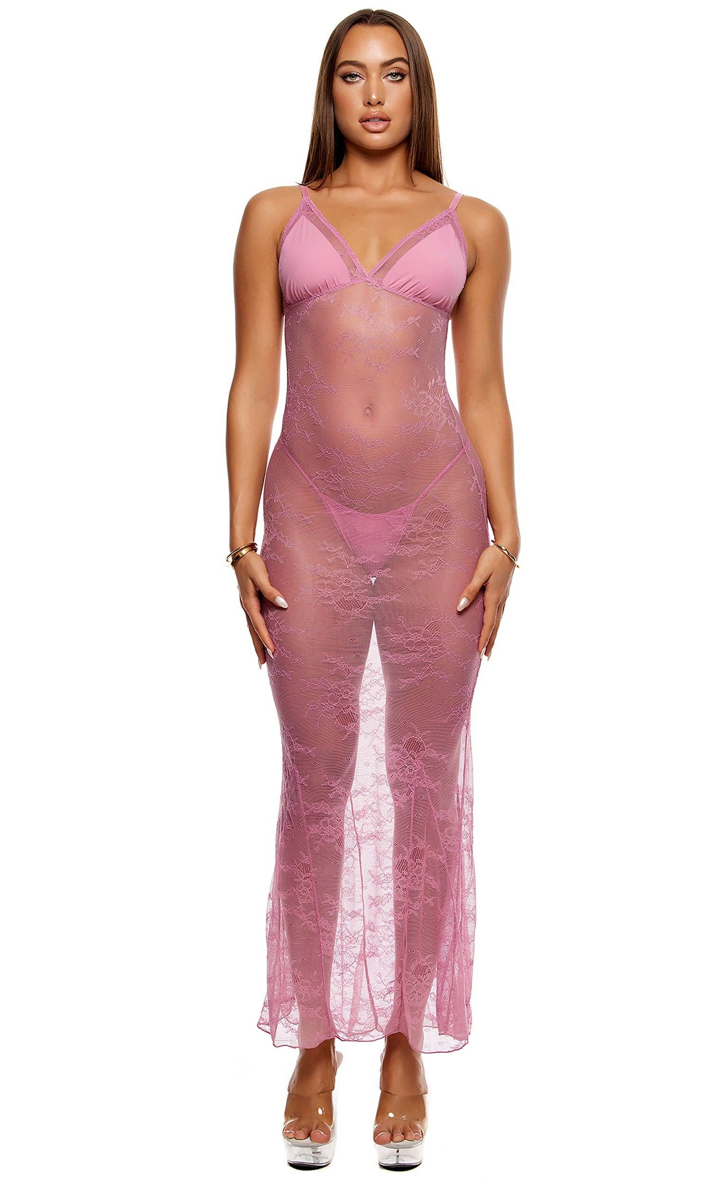 Take It Easy  Lace Gown Lingerie Set - Mauve