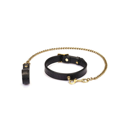 Crocodile Noir: Black Leather Collar with Chain Leash