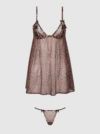 ALIA LEOPARD MESH UNDERWIRE BABYDOLL & G-STRING SET by House of Desire