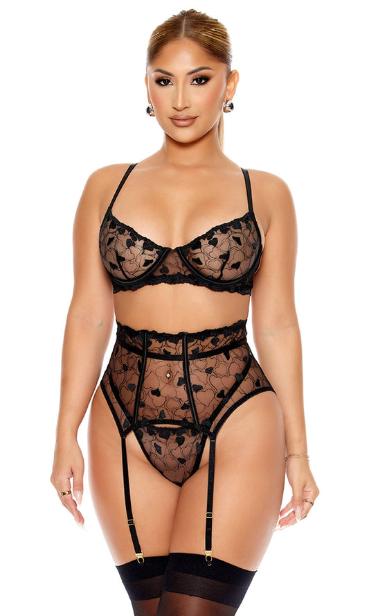 Heart You Embroidered Bra and Waist Cincher Lingerie Set