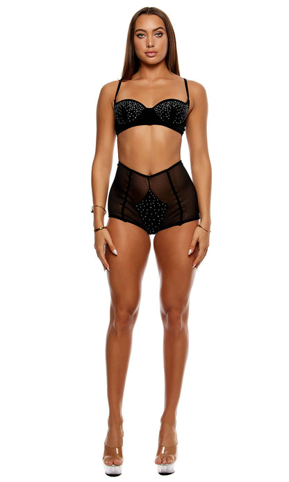Caught Your Eye Velvet Rhinestone Bra and Briefs Lingerie Set - Black