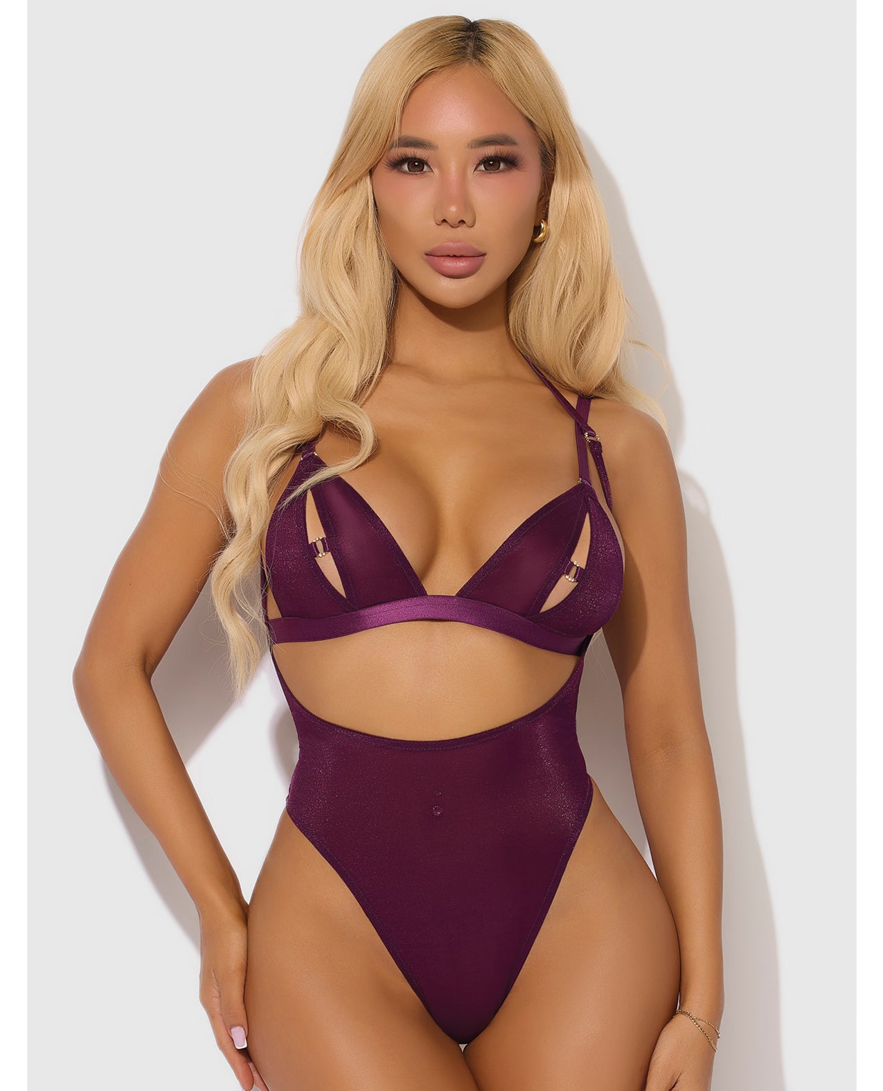 Yasmine Shimmer Mesh Slit Cup, Backless Teddy & Bralette Set - Burgundy SM by House of Desire