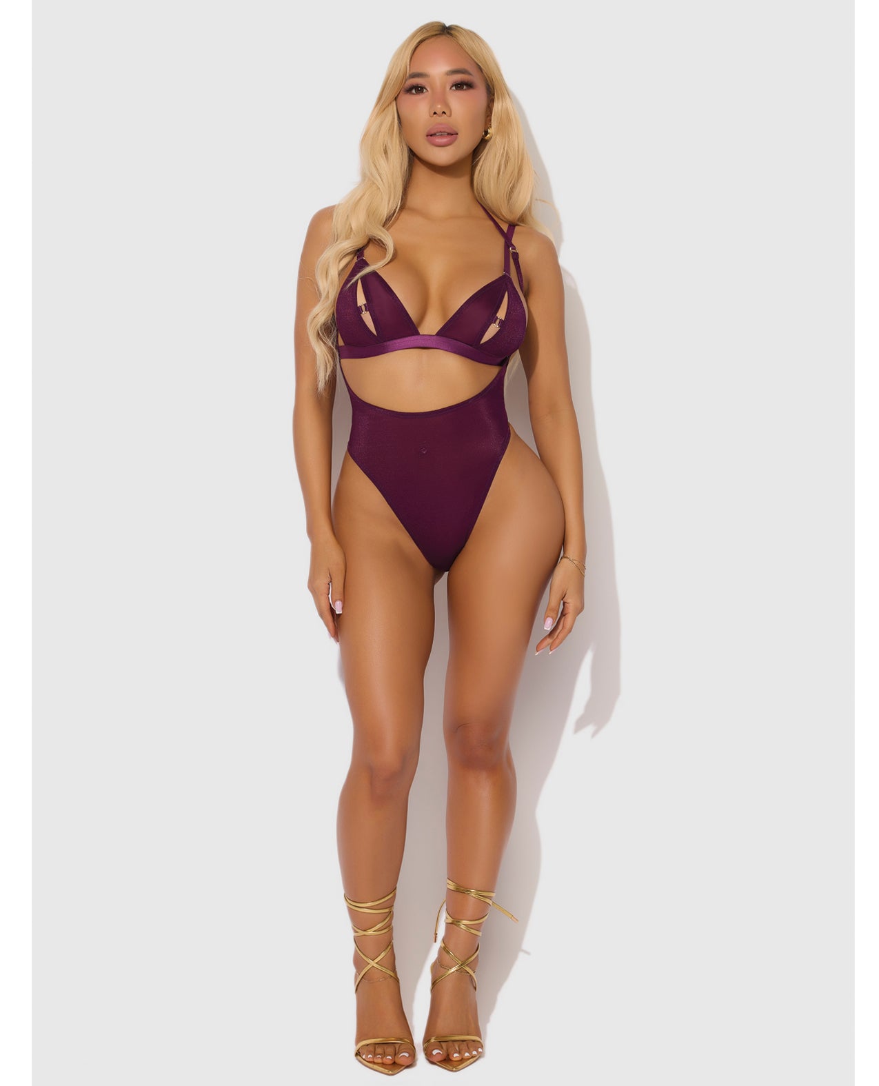 Yasmine Shimmer Mesh Slit Cup, Backless Teddy & Bralette Set - Burgundy SM by House of Desire