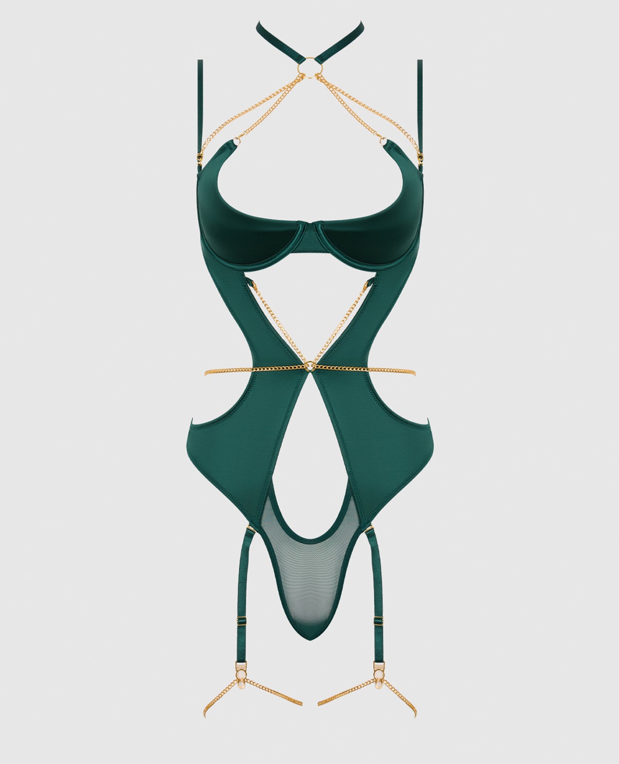 Evangeline Satin & Chain Halter Teddy - Green LG