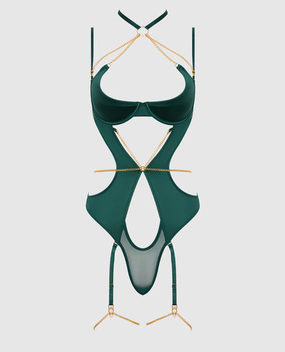 Evangeline Satin & Chain Halter Teddy - Green LG