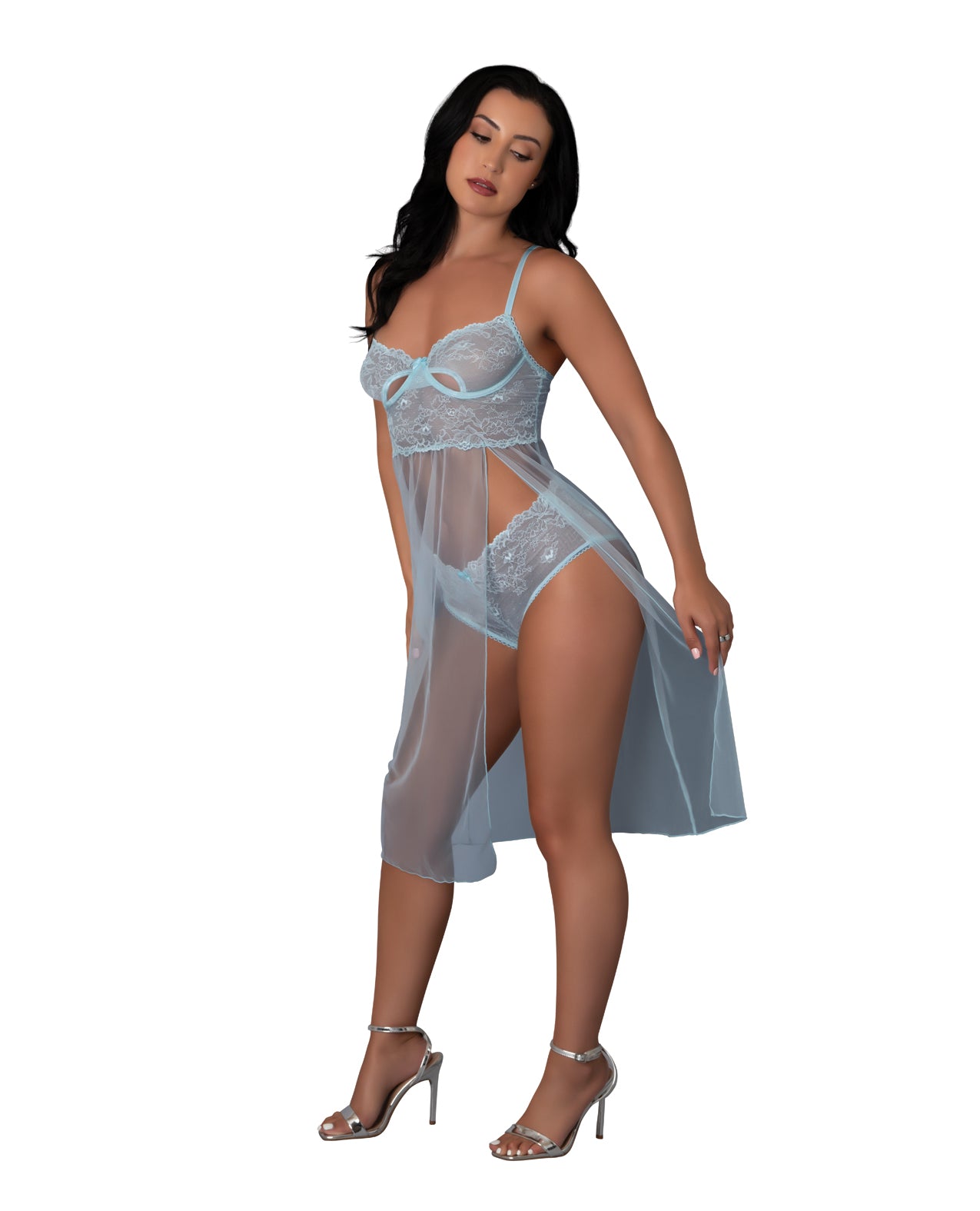 Blue Sky Long Chemise & Boy Short Panty - Light Blue S/M