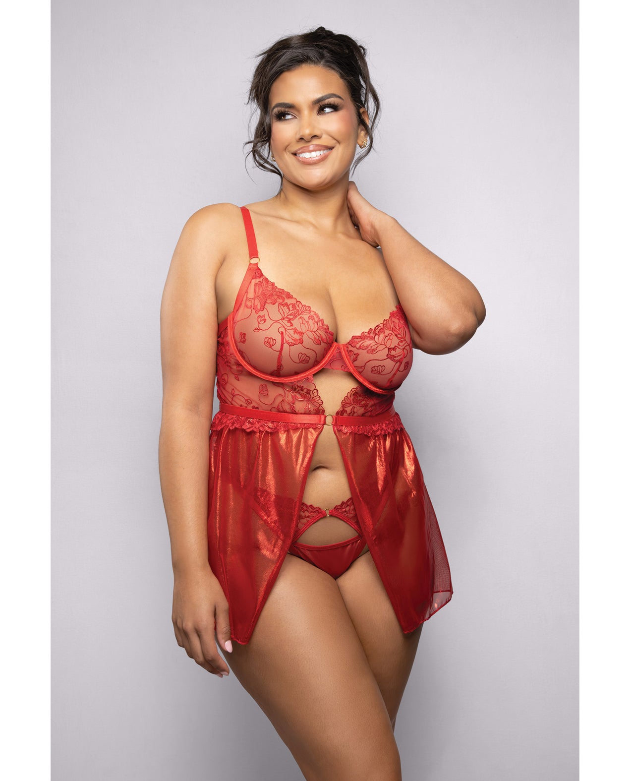 Ruby Shimmer Lace & Mesh Babydoll w/Panty - Red 1X/2X