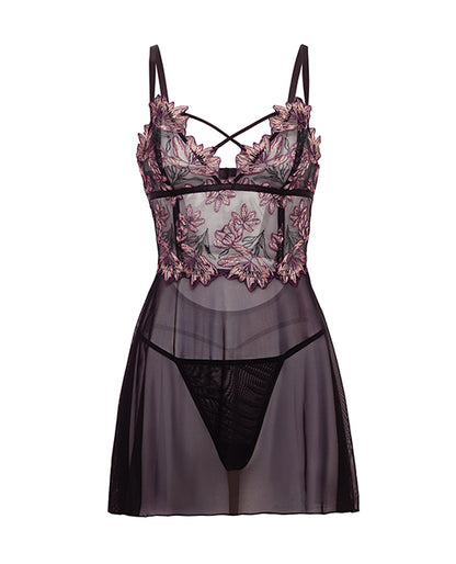 Adela Embroidered Boned Lace and Mesh Babydoll w/G-String 2 pc Lingerie Set by Oh La La Cheri