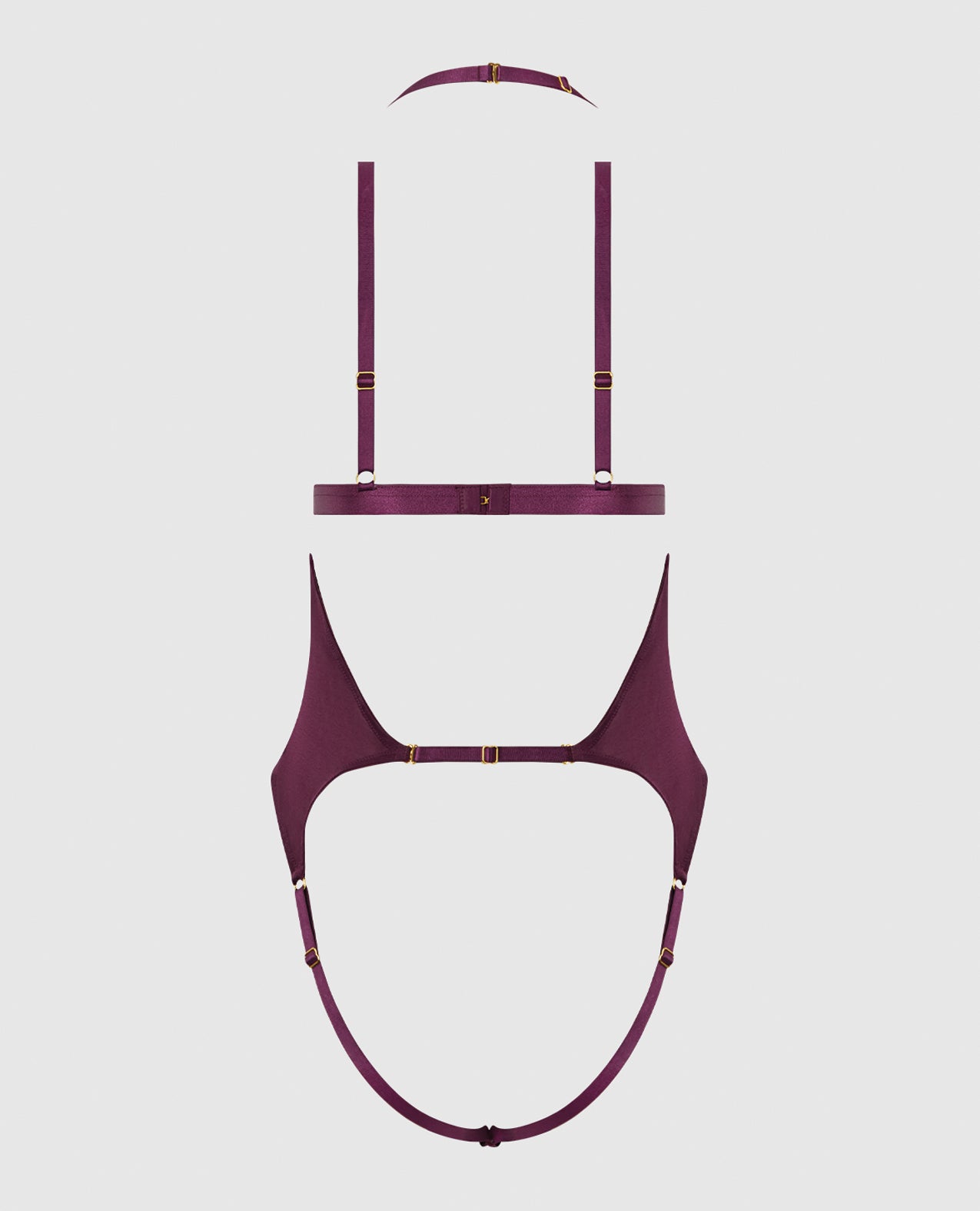 Yasmine Shimmer Mesh Slit Cup, Backless Teddy & Bralette Set - Burgundy SM by House of Desire