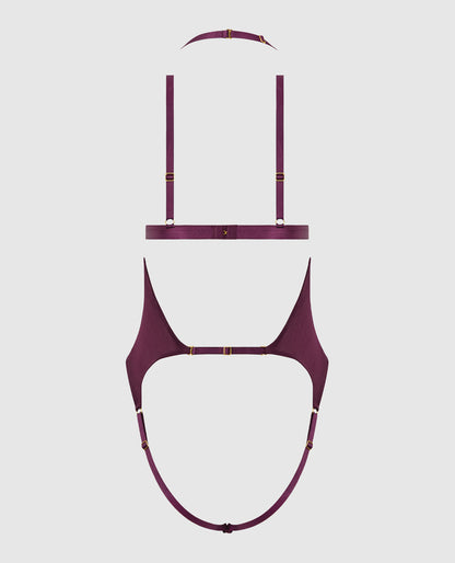Yasmine Shimmer Mesh Slit Cup, Backless Teddy & Bralette Set - Burgundy SM by House of Desire