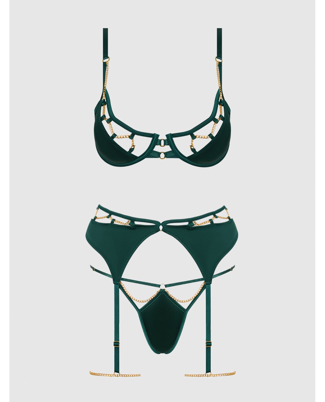 Evangeline Satin & Chain Push Up Bra, Thigh Garter Belt & G-String Set - Green MD