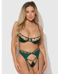 Evangeline Satin & Chain Push Up Bra, Thigh Garter Belt & G-String Set - Green MD