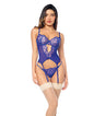 Lace & Mesh Underwire Bustier w/Lace up Back & G-String 2 pc Set - Sapphire Blue S/M