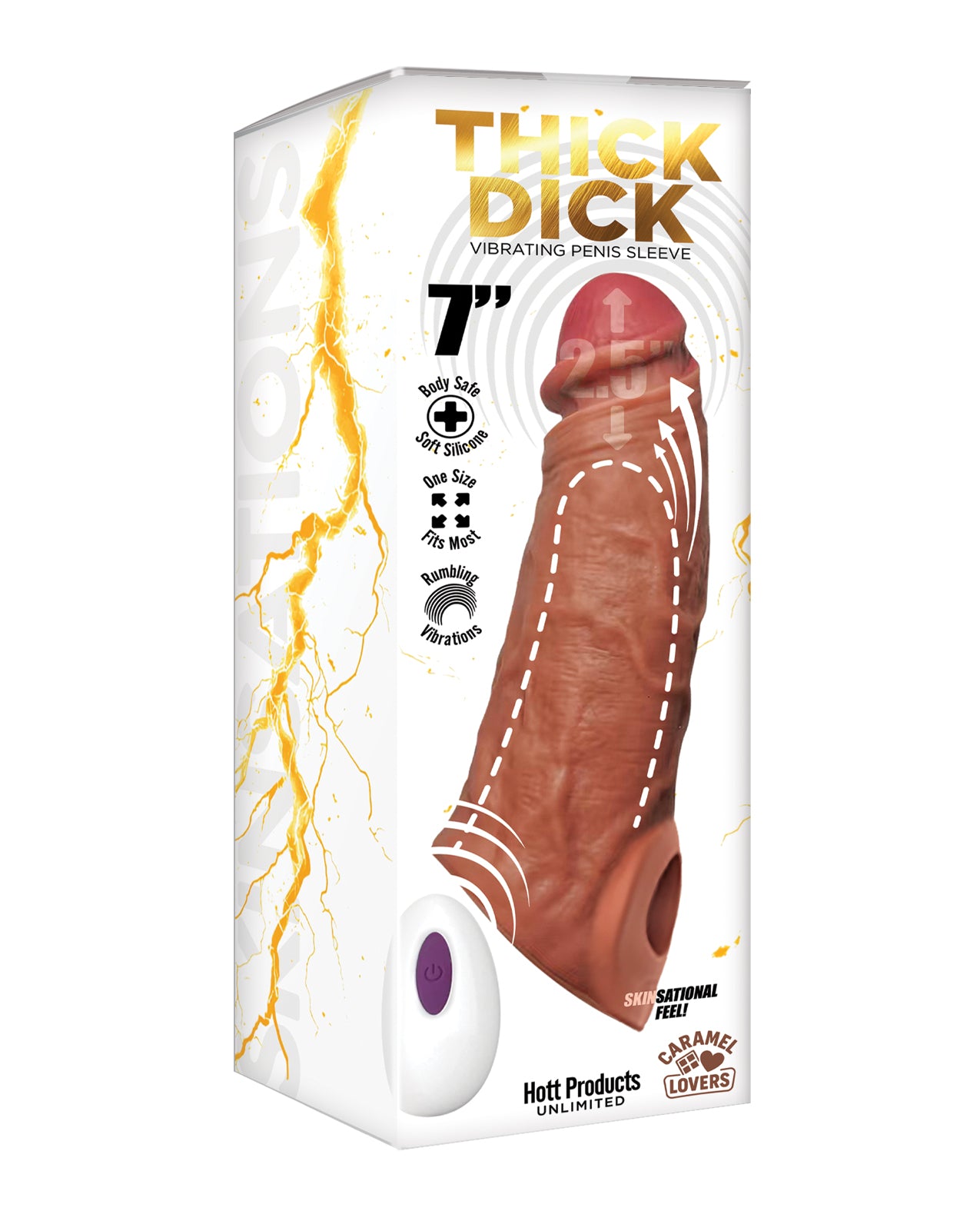 Skinsations Thick Dick Vibrating Sleeve w/Remote Control Multi-Function - Caramel
