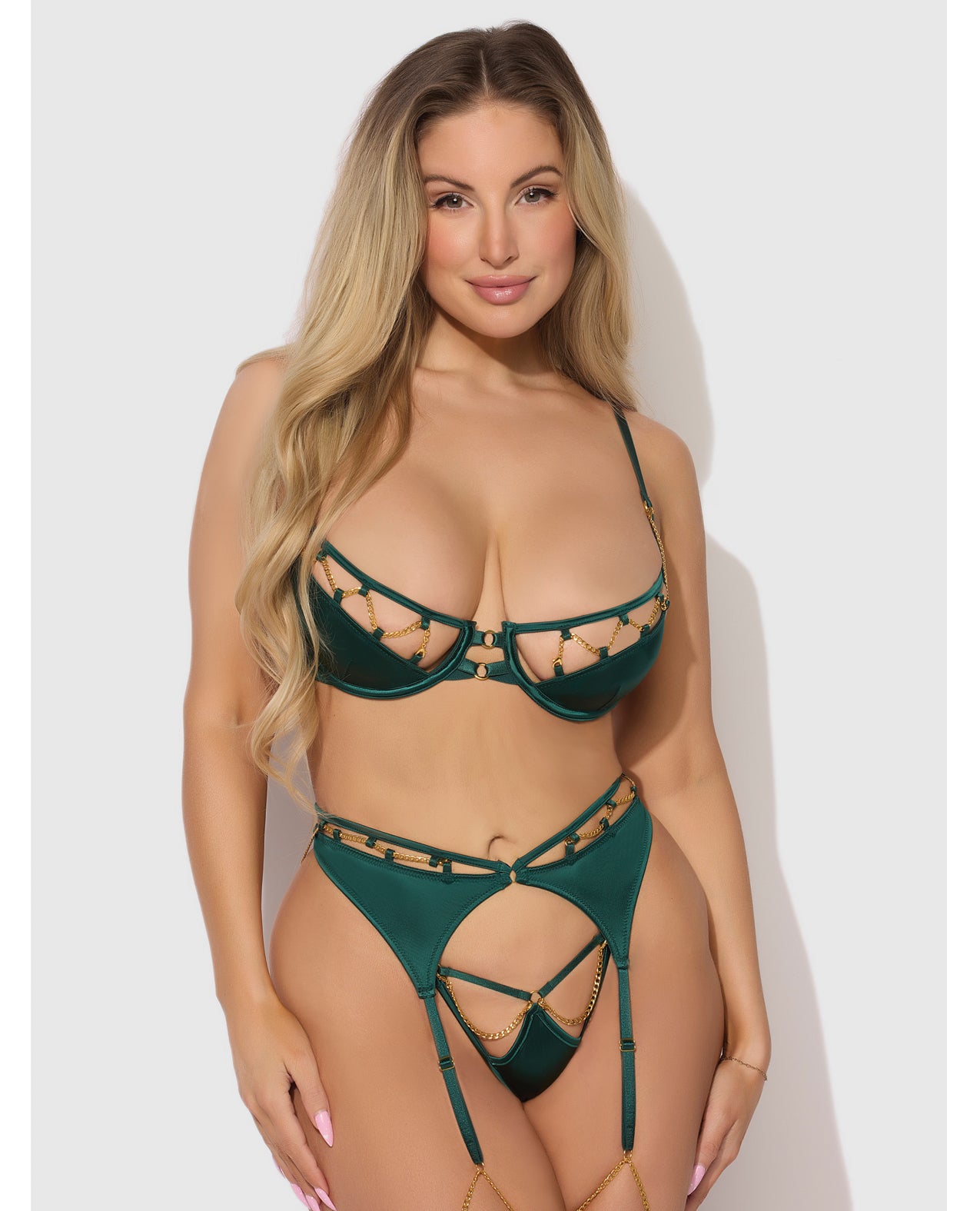 Evangeline Satin & Chain Push Up Bra, Thigh Garter Belt & G-String Set - Green SM