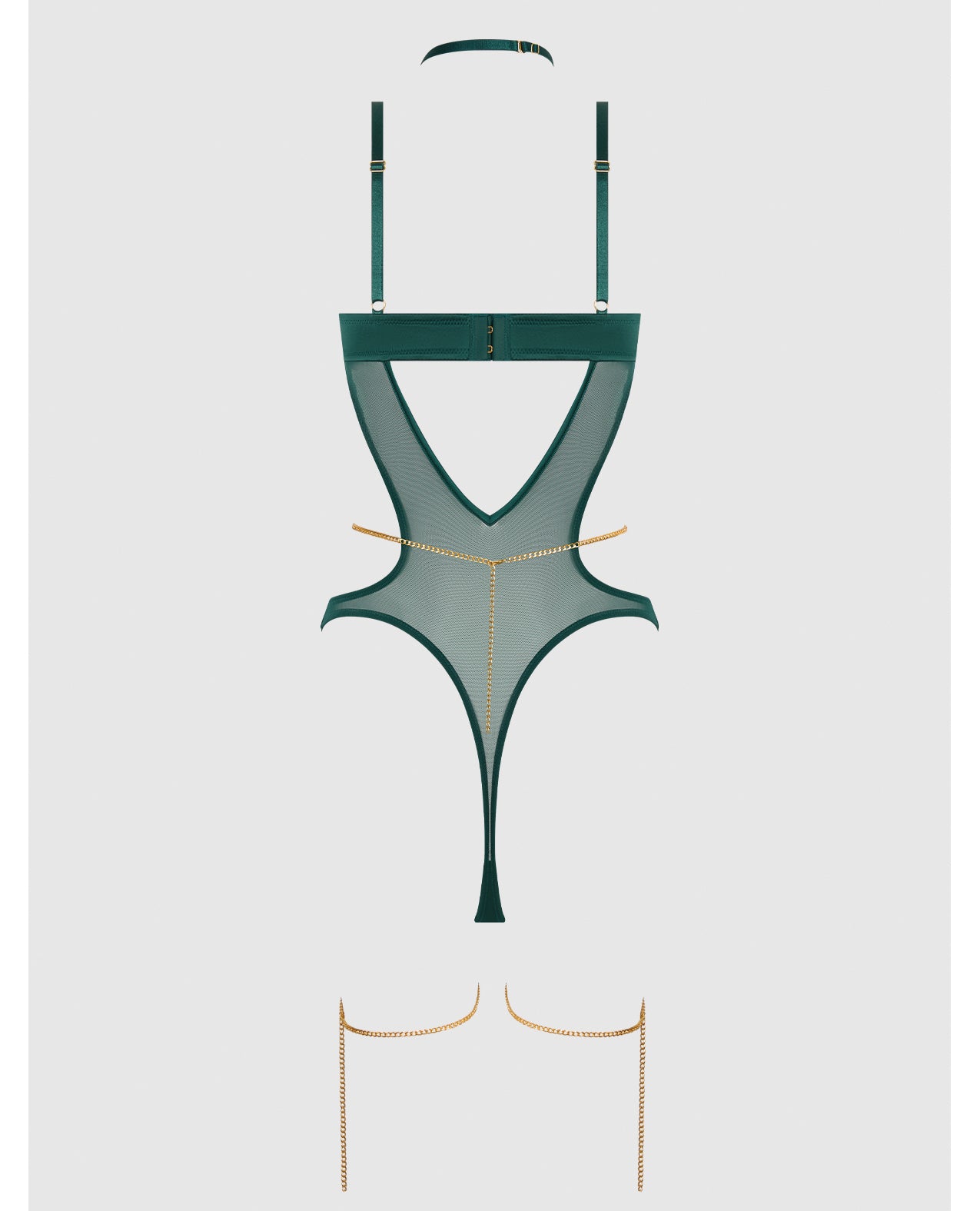 Evangeline Satin & Chain Halter Teddy - Green LG