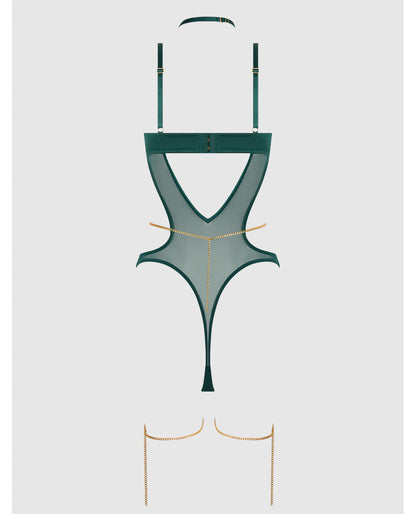 Evangeline Satin & Chain Halter Teddy - Green LG