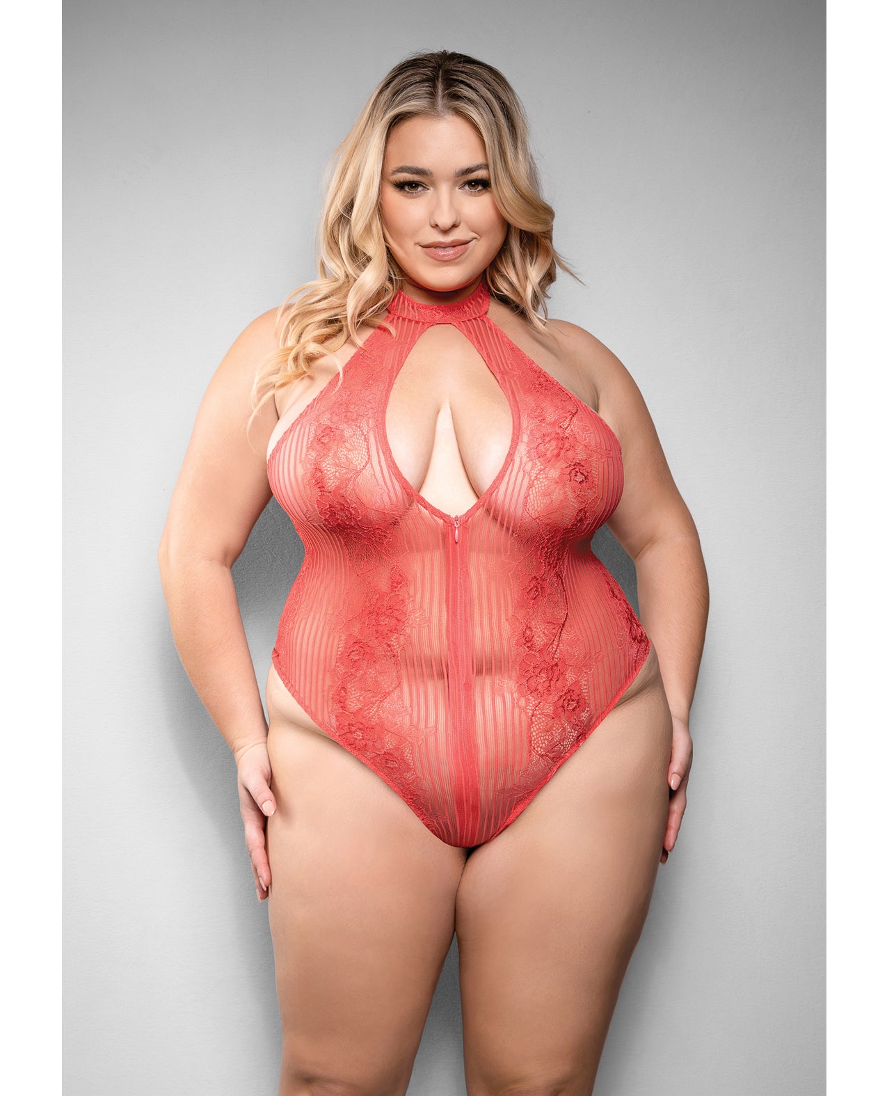 Temptress Calliope Striped Sheer Floral Lace Zippered Teddy - Coral 1X/2X