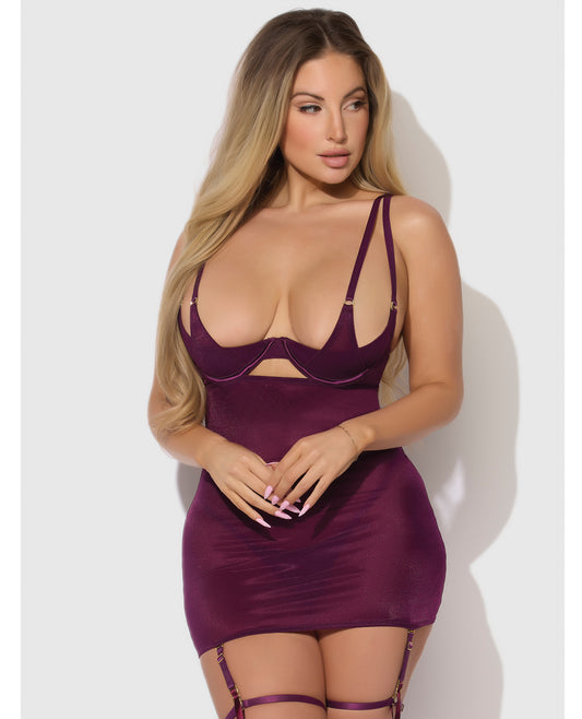 Yasmine Shimmer Mesh O-Ring Thigh Garter Chemise & G-String Set - Burgundy XL