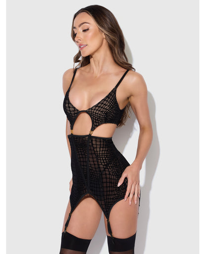 Snake Velvet-Burnout Mesh Chemise & G-String Set - Black MD