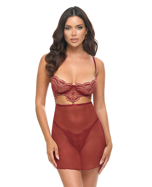 Arielle Unlined Underwire Lace Babydoll w/G-String - Burgundy by Oh La La Cheri