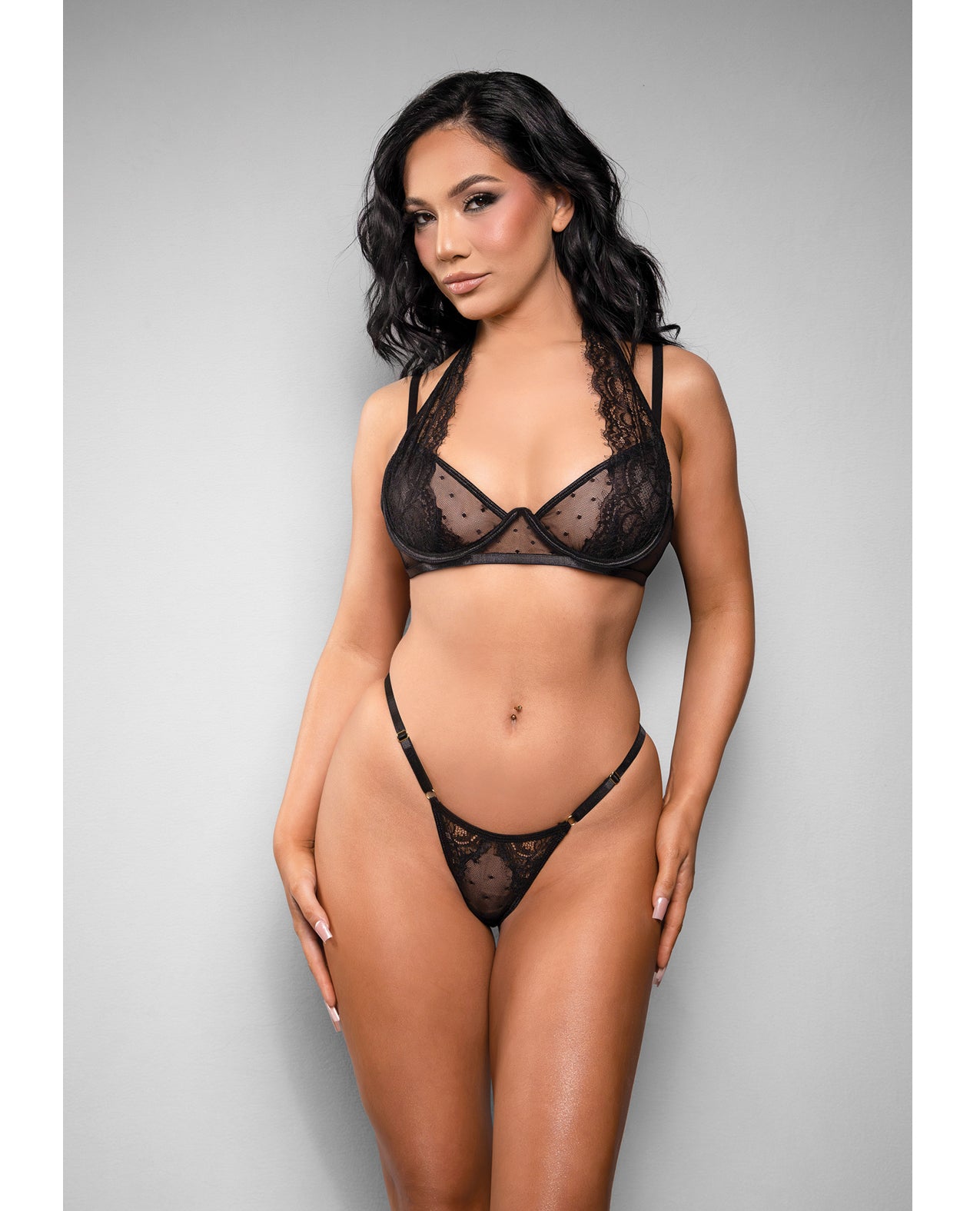 Temptress Vivienne Swiss Dot Mesh and Lace Bra w/Panty 2 pc Set - Black S/M