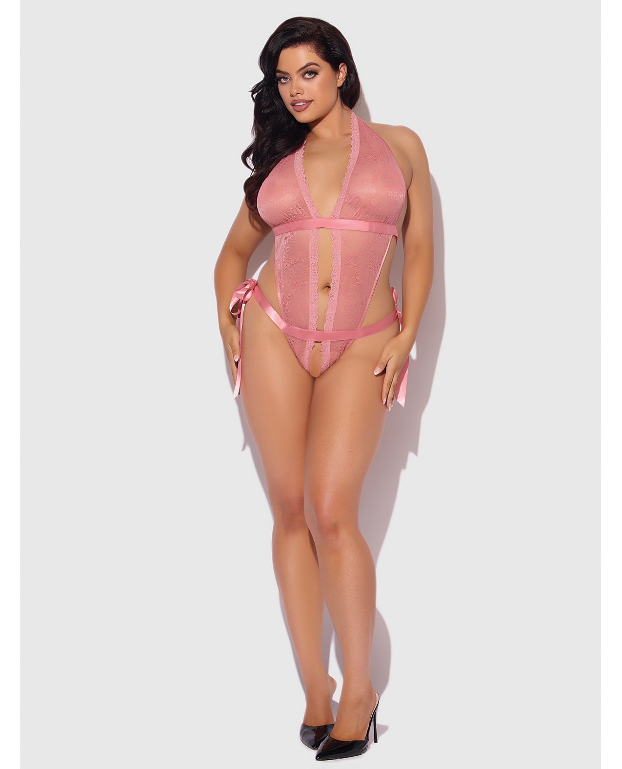 Kiki Lace & Satin Drop Off Teddy - Rose 1X/2X