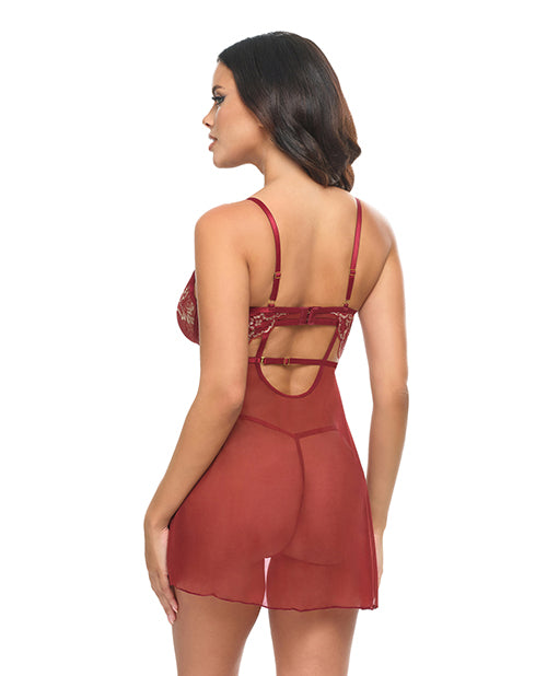 Arielle Unlined Underwire Lace Babydoll w/G-String - Burgundy S/M