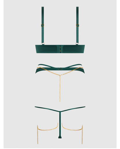 Evangeline Satin & Chain Push Up Bra, Thigh Garter Belt & G-String Set - Green SM