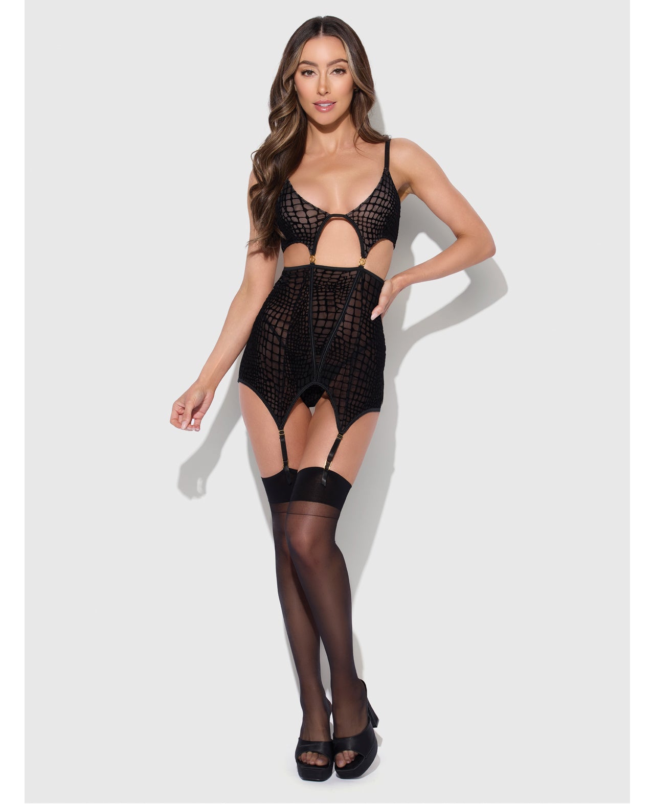 Snake Velvet-Burnout Mesh Chemise & G-String Set - Black XL