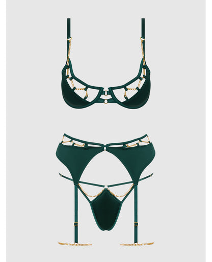 Evangeline Satin & Chain Push Up Bra, Thigh Garter Belt & G-String Set - Green SM