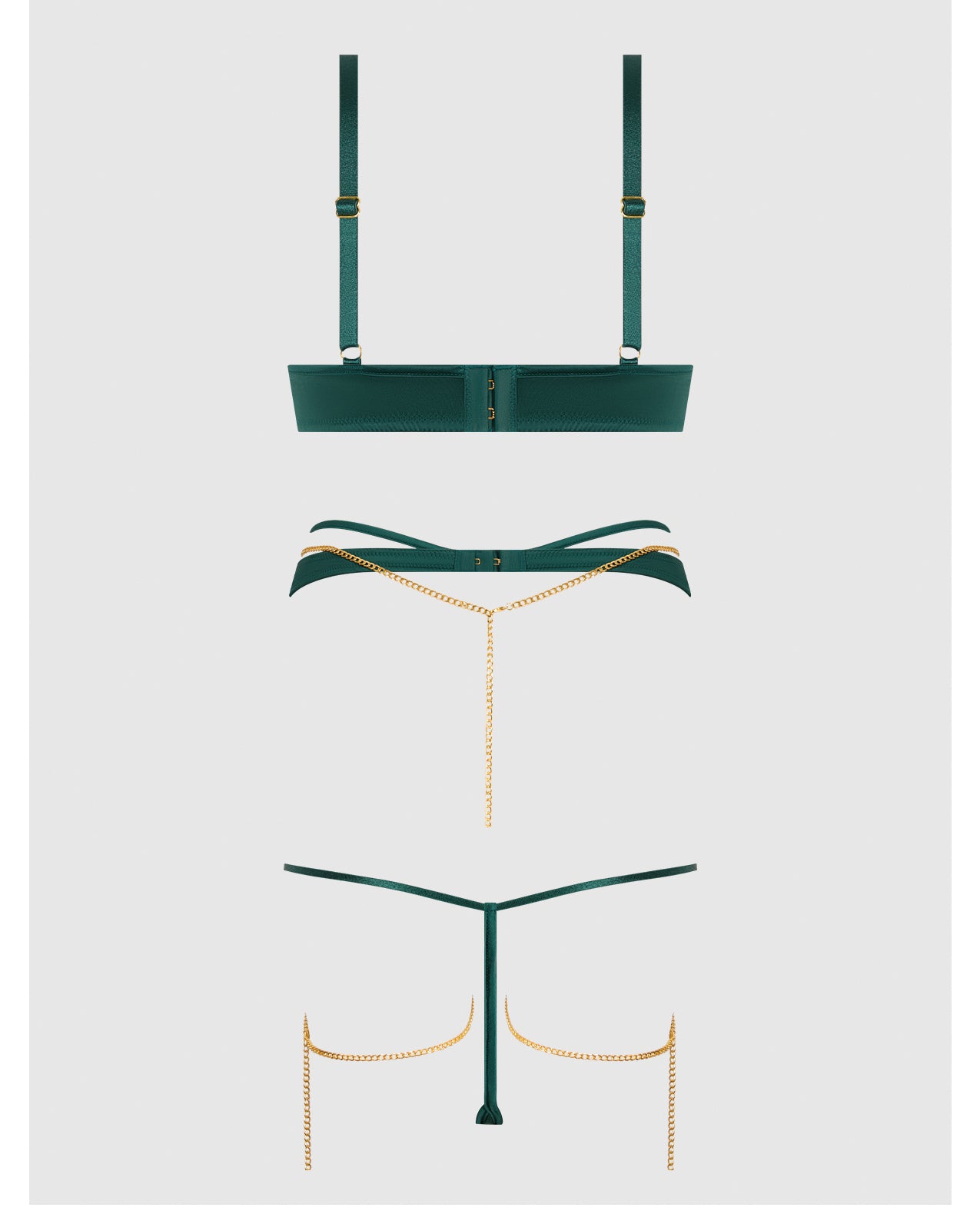 Evangeline Satin & Chain Push Up Bra, Thigh Garter Belt & G-String Set - Green MD