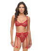 Mariah Embroidered Lace and Mesh Underwire Bra w/Garter & G-String 3 pc Set - Burgundy LG