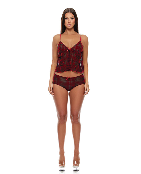 Velvet Lines Mesh Cami & Boy Short 2 pc Set - Red/Black MD by Forplay