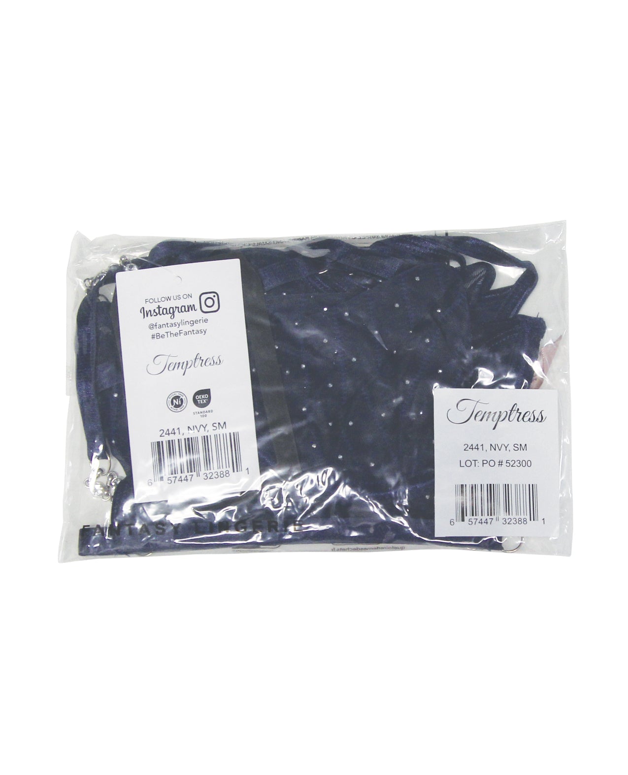 Temptress Celeste Sheer Striped Rhinestone Mesh Bra w/G-String 2 pc Set - Navy M/L