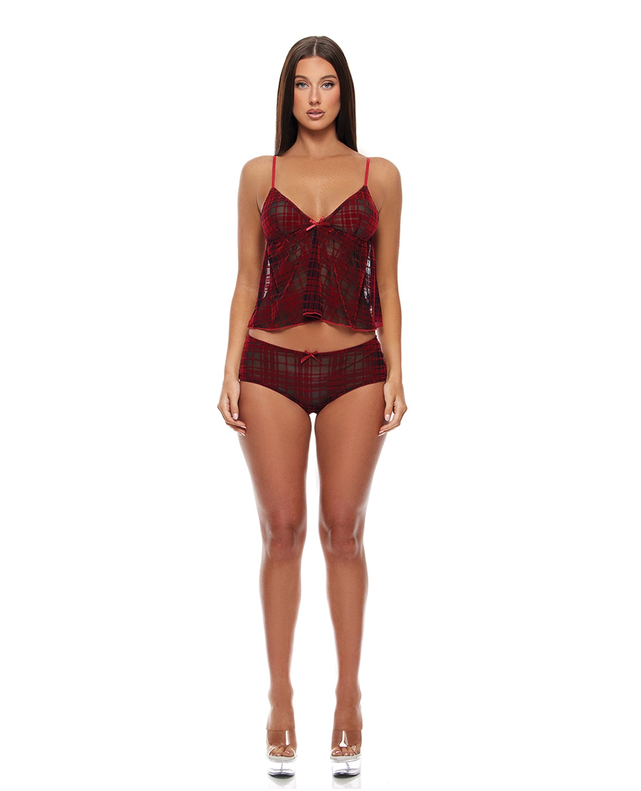 Velvet Lines Mesh Cami & Boy Short 2 pc Set - Red/Black XL