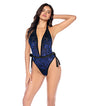 Floral Mesh Halter Neck Teddy Body Suit w/Snap Crotch Closure - Black/Blue L/XL