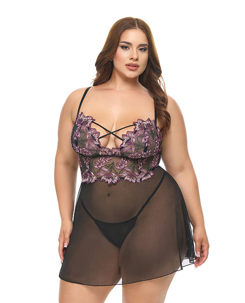Adela Embroidered Boned Lace and Mesh Babydoll w/G-String 2 pc Lingerie Set by Oh La La Cheri