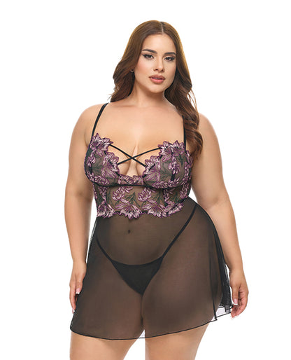 Adela Embroidered Boned Lace and Mesh Babydoll w/G-String 2 pc Lingerie Set by Oh La La Cheri